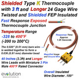 Shielded Type K Flexible Wire Thermocouple 24 Gage Solid FEP Insulated 3ft and Longer with Miniature 3 Pin Connector