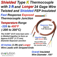 Type K Shielded Flexible Wire Bead Thermocouple 3ft and Longer Leads
