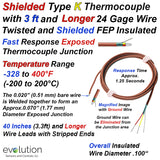 Type K Shielded Flexible Wire Bead Thermocouple 3ft and Longer Leads