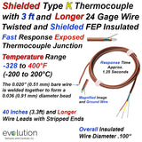 Type K Shielded Flexible Wire Bead Thermocouple 3ft and Longer Leads