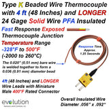 K Type Flexible Wire Thermocouple Exposed Junction with 4 ft and Longer 24 Gage PFA Lead Wires and Miniature Connector Termination