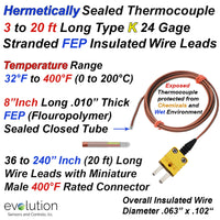 Type K Hermetically Sealed Thermocouple Flexible Design with 3 to 20ft Leads