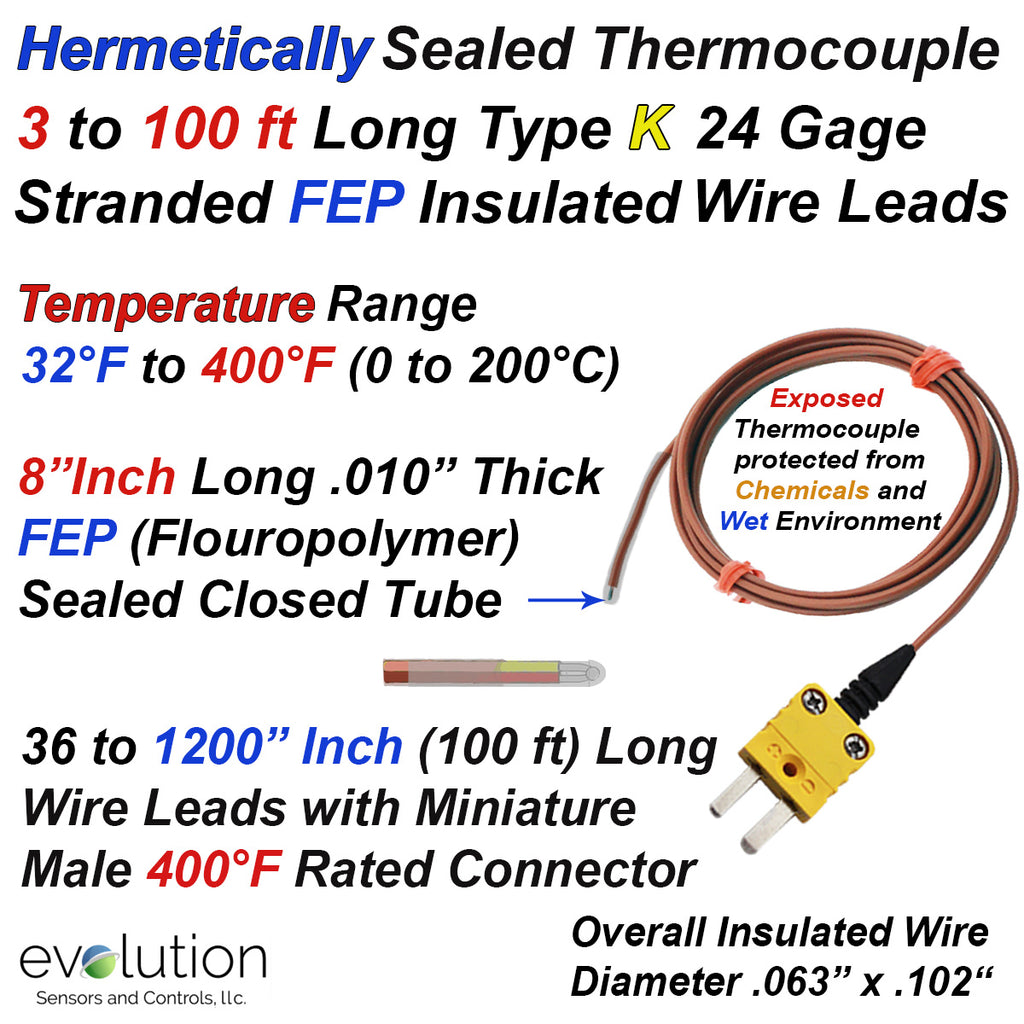 Type K Hermetically Sealed Thermocouple Flexible Design with Lead Wire