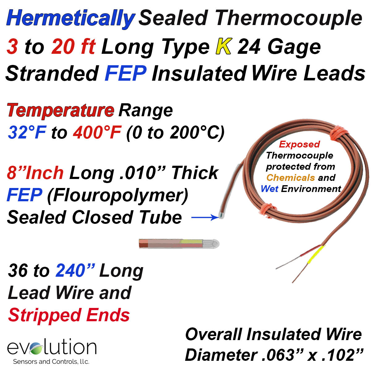 Type K Hermetically Sealed Thermocouple - Lead Wire with Stripped Ends ...