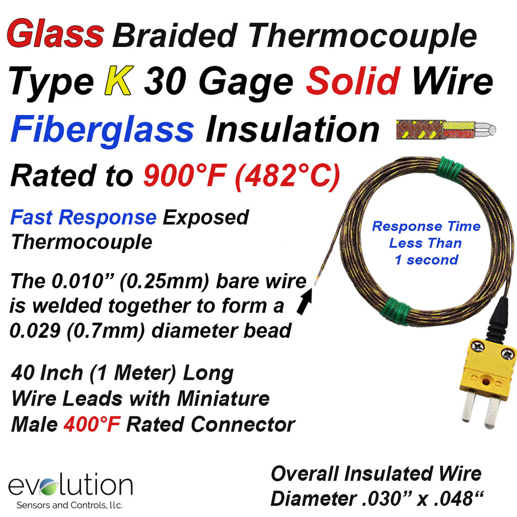 Glass Braided Thermocouple Type K 30 Gage 40 Inch Long with Connector