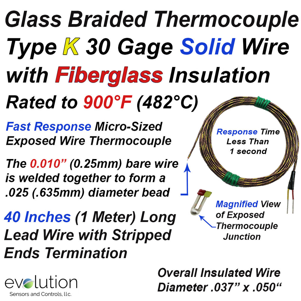 Type K Beaded Wire Thermocouple wtith Fiberglass Insulated 30 Gage Wire with Stripped Leads