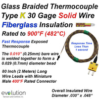 Glass Braided Thermocouple - Type K with Fine Diameter 30 Gage Fiberglass Insulated Wire 80 inches long with Miniature Male Connector