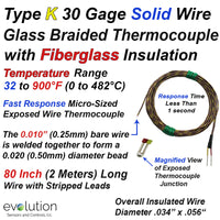 Glass Braid Insulated Thermocouple Type K 30 Gage 80