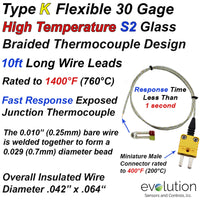 Type K High Temp Glass Braided Thermocouple 120 Inch Long and Connector