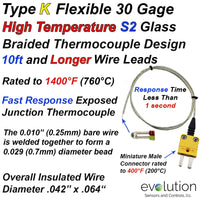 Type K High Temp Glass Braided Thermocouple 120 Inch and Longer  with a Miniature Connector