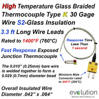 Type K Flexible High Temp Glass Braided Thermocouple with Connector