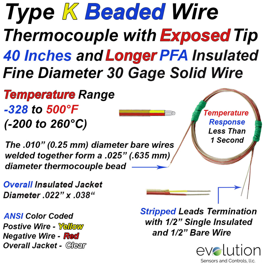Type K Beaded Wire Thermocouple with 3.3 ft and Longer Wire Leads 