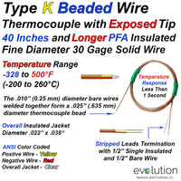Type K Beaded Wire Thermocouple with 3.3 ft and Longer Wire Leads 