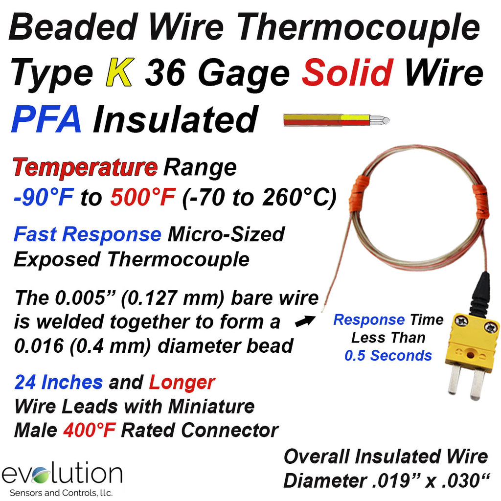 Insulated Type K Thermocouple with 36 Gage PFA Wire and Connector
