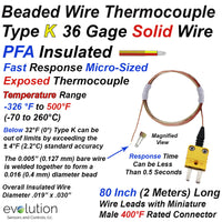 Thermocouple Beaded Wire Sensor Type K 36 Gage PFA Insulated 80 inches long with Miniature Connector