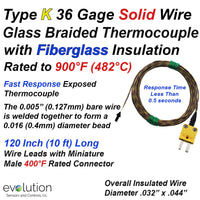 Type K Beaded Thermocouple with 120 Inches of 36 Gage Fiberglass Insulated Wire and Miniature Male Connector