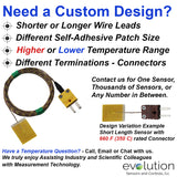 Surface Thermocouple Type K Fast Response with Surface Mount Adhesive Patch and 120 inches of 30 Gage Fiberglass Insulated Wire with Miniature Connector Custom