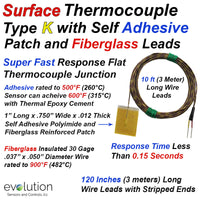 Surface Thermocouple Type K Fast Response with Surface Mount Adhesive Patch and 120 inches Fiberglass Wire with Stripped Leads
