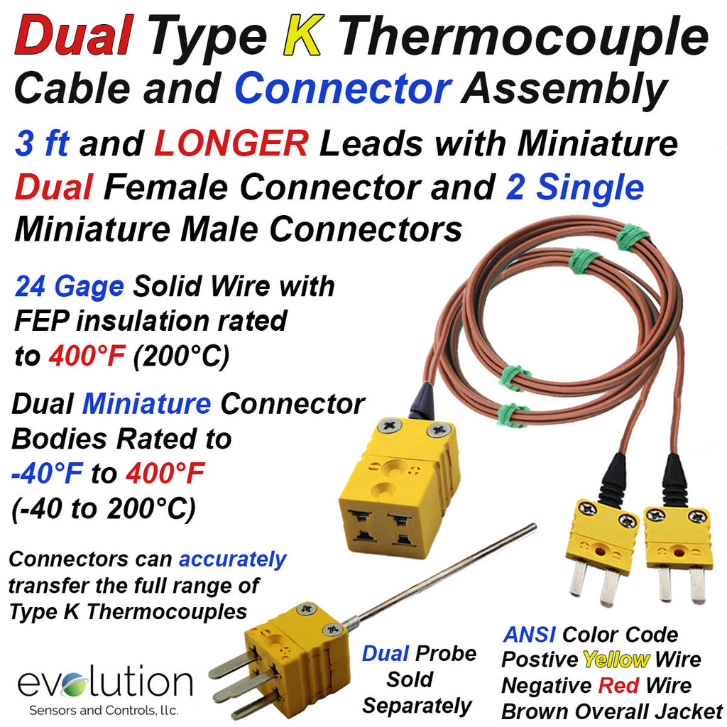 Dual Type K Thermocouple Extension Cable with 2 Males and Dual Female ...