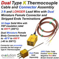 Dual Type K Thermocouple Extension Cable with Dual Miniature Female Connector and Stripped Leads