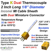 Type K Dual Thermocouple Probe 2 Inch Long 1/8