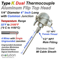 Type K Industrial Dual Thermocouple Probe 1/4