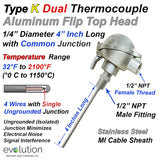 Type K Industrial Dual Thermocouple Probe 1/4" Diameter 4 Inches Long Ungrounded with 1/2 NPT Fitting and Aluminum Flip Top Head