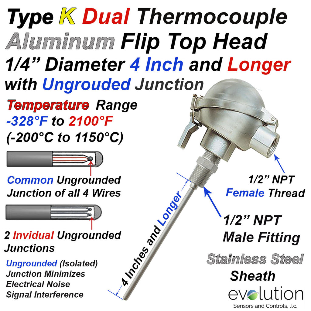 Dual K Type Thermocouple with 1.2 NPT and Industrial Connection Head