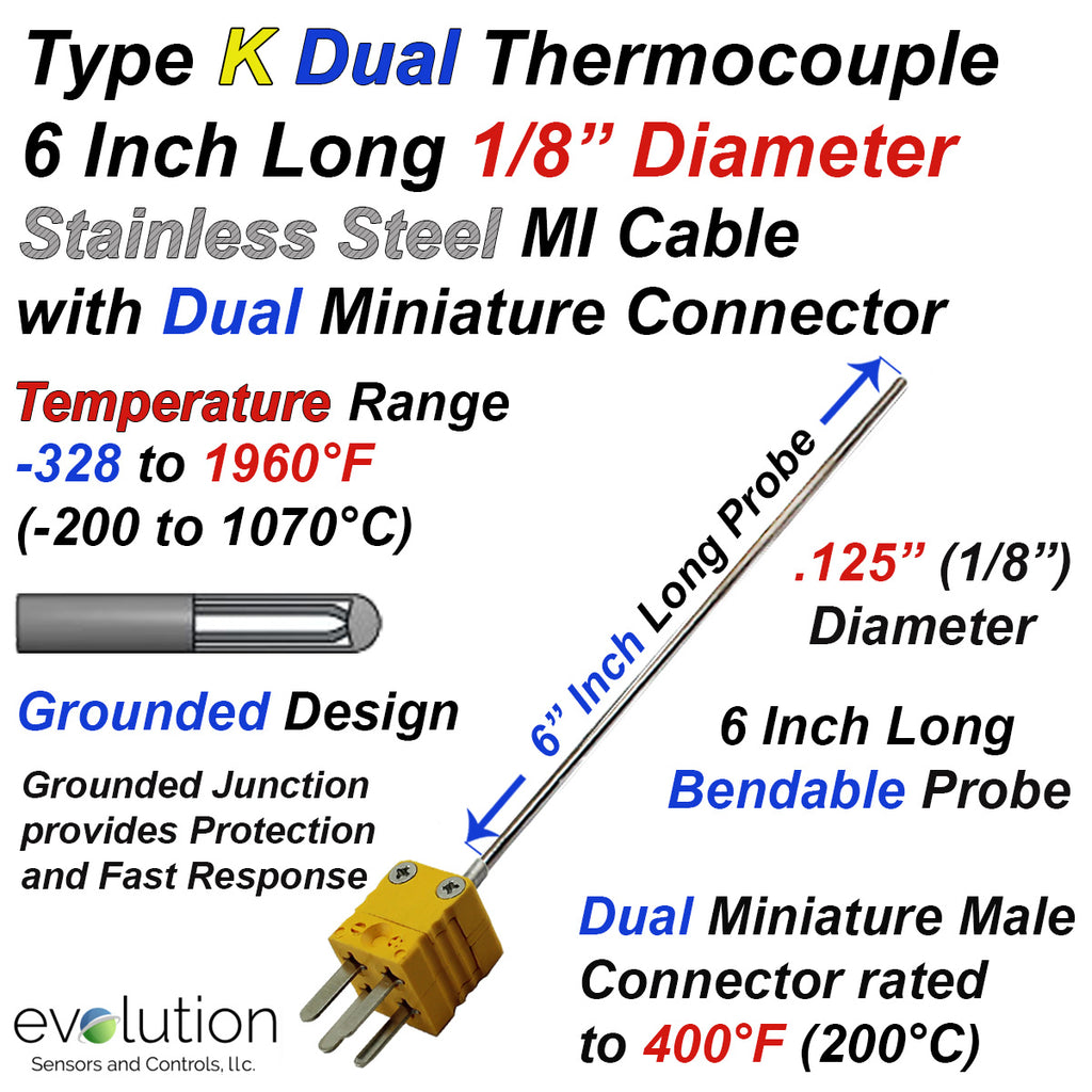Type K Dual Thermocouple 1/8" Diameter 6" Long Grounded with Connector