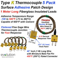 5 Pack of Type K Thermocouple with Surface Adhesive Patch with Fiberglass Wire and Miniature Connector