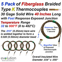 5 Pack Type K Thermocouple Glass Braided 30 Gage Wire 40 Inch Leads