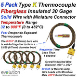 5 Pack of Type K Exposed Welded Bead Thermocouples with 80 Inches (2 meters) of 30 Gage Solid Diameter Fiberglass Braid Insulated Wire and Miniature Connector