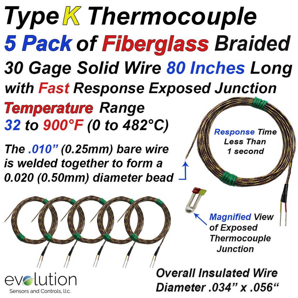 5 Pack Type K Beaded 30 Gage Thermocouples Glass Braided 80 Inch Leads