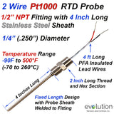 2 Wire RTD Probe 4" Long with 1/2" x 1/2" NPT Fitting and Wire Leads