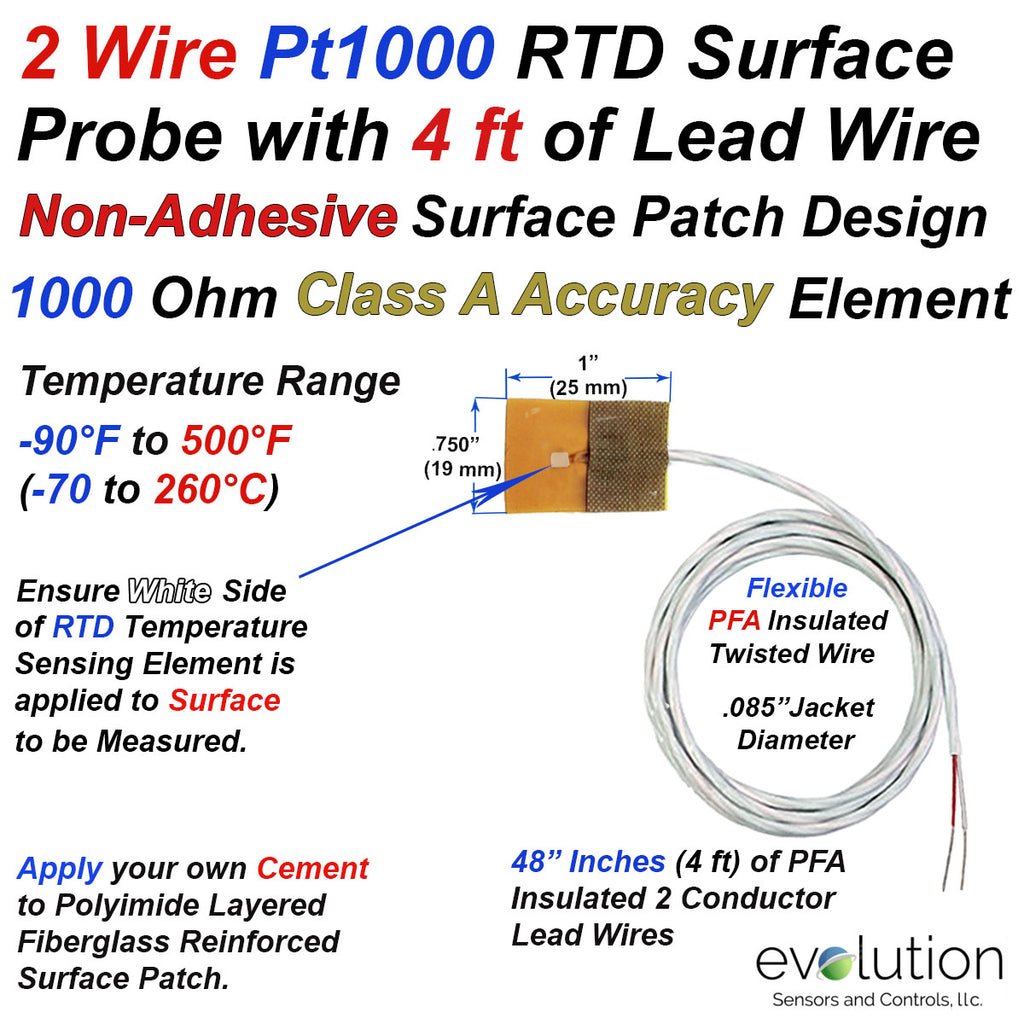 2 Wire RTD Pt1000 Surface Temperature Sensor with Non-Adhesive Patch and 4ft of Lead Wire