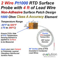 2 Wire RTD Pt1000 Surface Temperature Sensor with Non-Adhesive Patch and 4ft of Lead Wire