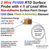 2 Wire RTD Pt1000 Surface Temperature Sensor with Non-Adhesive Patch and 4ft of Lead Wire