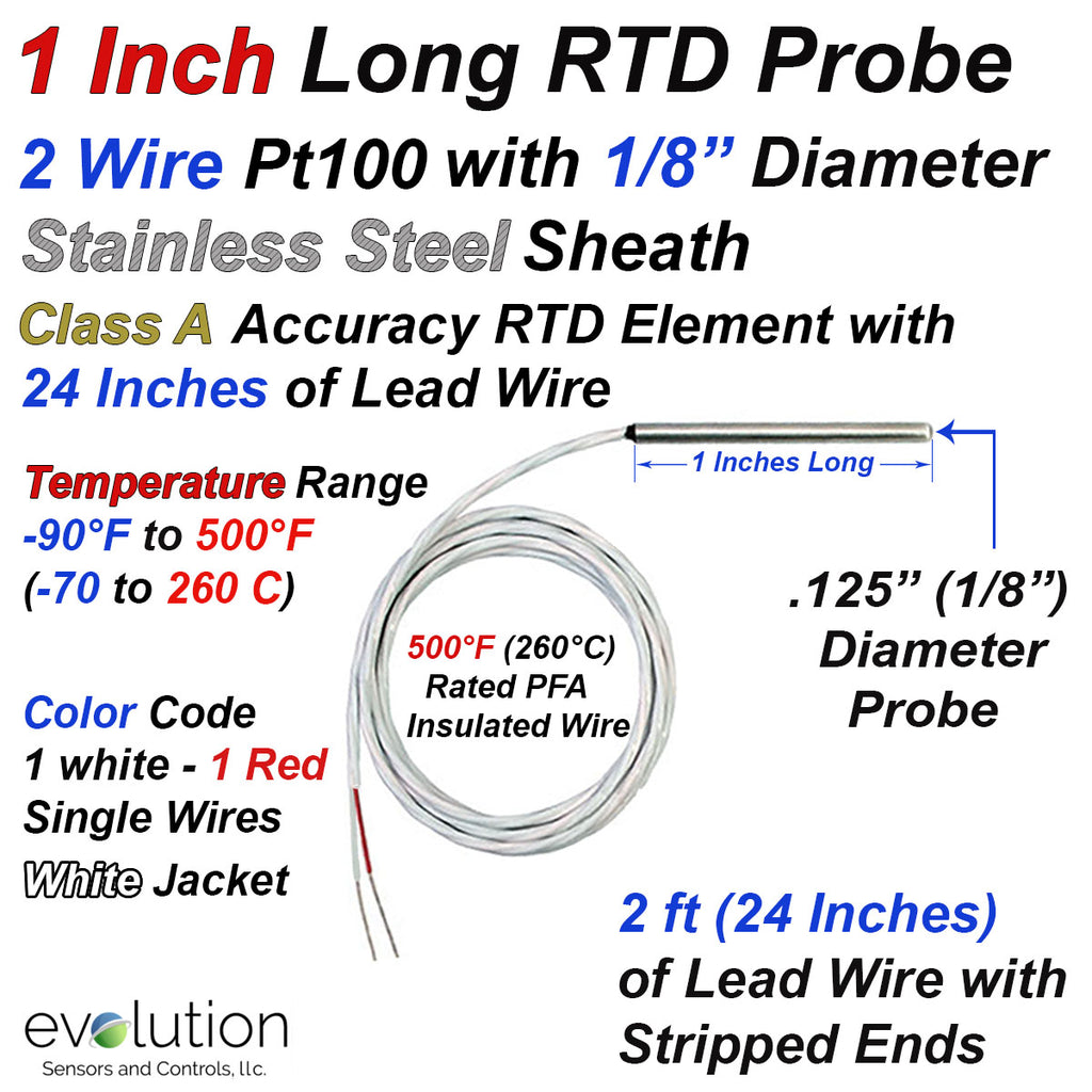1 Inch Long 2 Wire Pt100 RTD Probe with 1/8" Diameter Stainless Steel Sheath and 24 Inches (2ft) of PFA Insulated Lead Wire