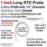 1 Inch Long 2 Wire Pt100 RTD Probe with 1/8" Diameter Stainless Steel Sheath and 24 Inches (2ft) of PFA Insulated Lead Wire