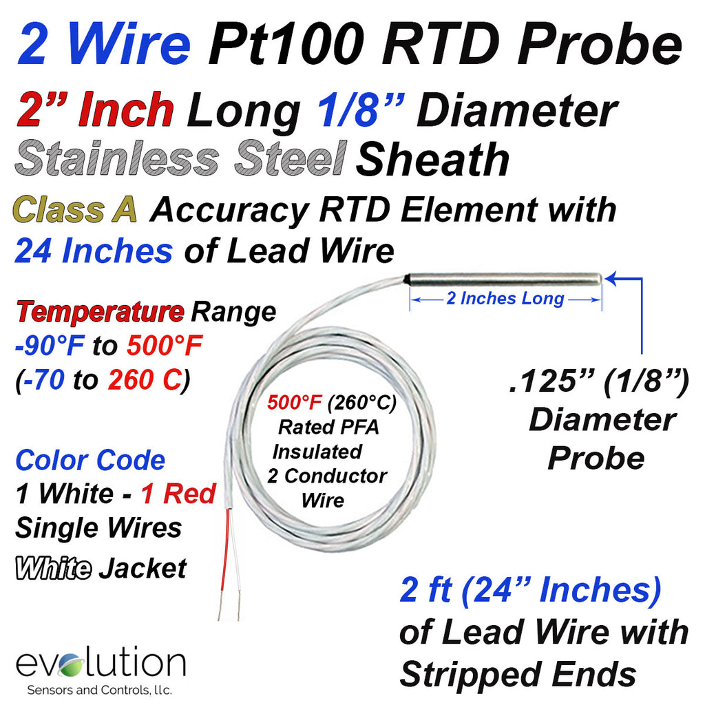 2 Wire Pt100 RTD Probe 2" Inches Long x 1/8" Diameter Stainless Steel Sheath with 24 Inches (2ft) of PFA Insulated Lead Wire