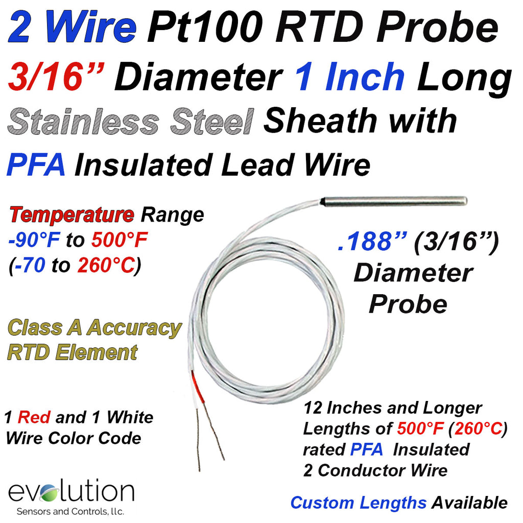 Rtd Size 2 Wire Pt100 RTD Probe 1 Inch Long 3/16 Diameter with PFA Lead Wire ...