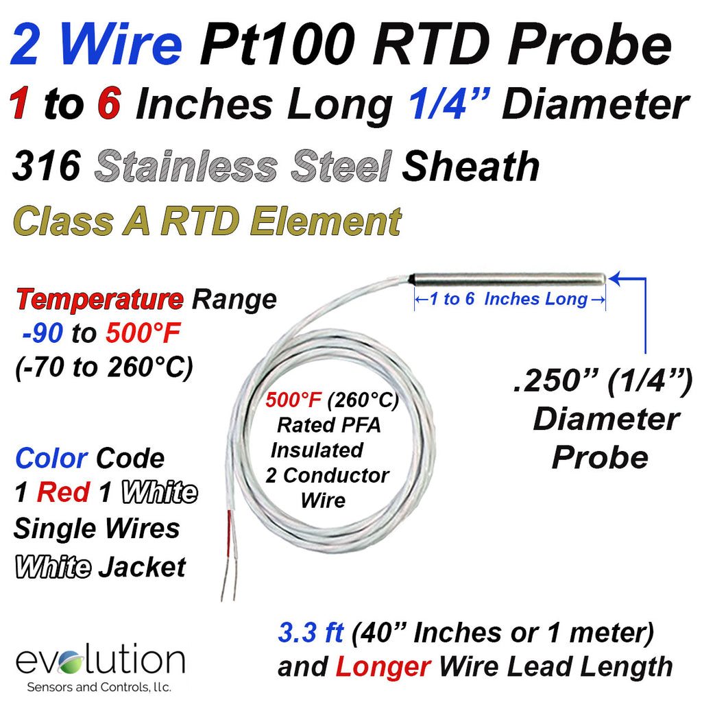 2 Wire Pt100 RTD Probe 1 to 6 Inches Long 1/4