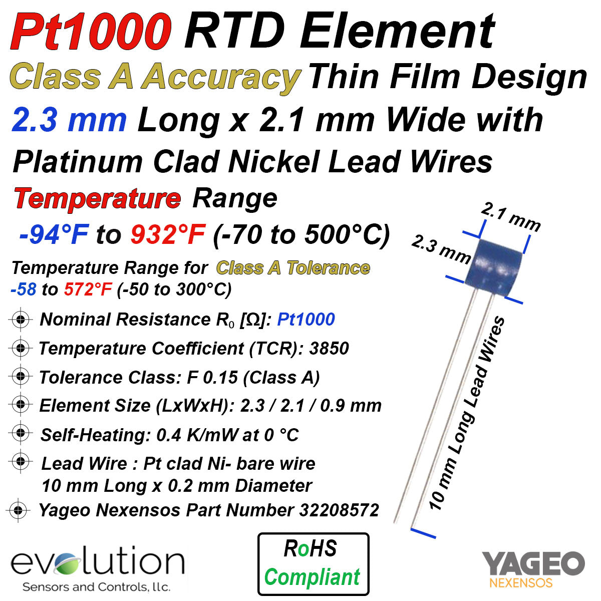 Pt1000 RTD Thin Film Element Class A with -70 to 500°C Temperature Range -  Dimensions 2.3mm Long x 2.1 mm Wide with 10 mm Long Platinum Clad Nickel