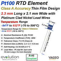 RTD Thin Film Element Pt100 Class A Accuracy 2.1 mm x 2.3 mm size