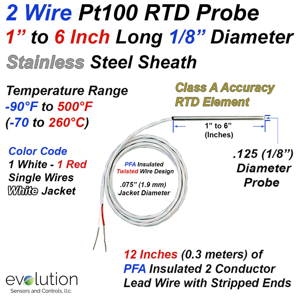 2 Wire RTD Sensor - Short Length Pt100 Design with 1" to 6" Inch Long x 1/8" Diameter Probe and 12 inches of PFA Lead Wire
