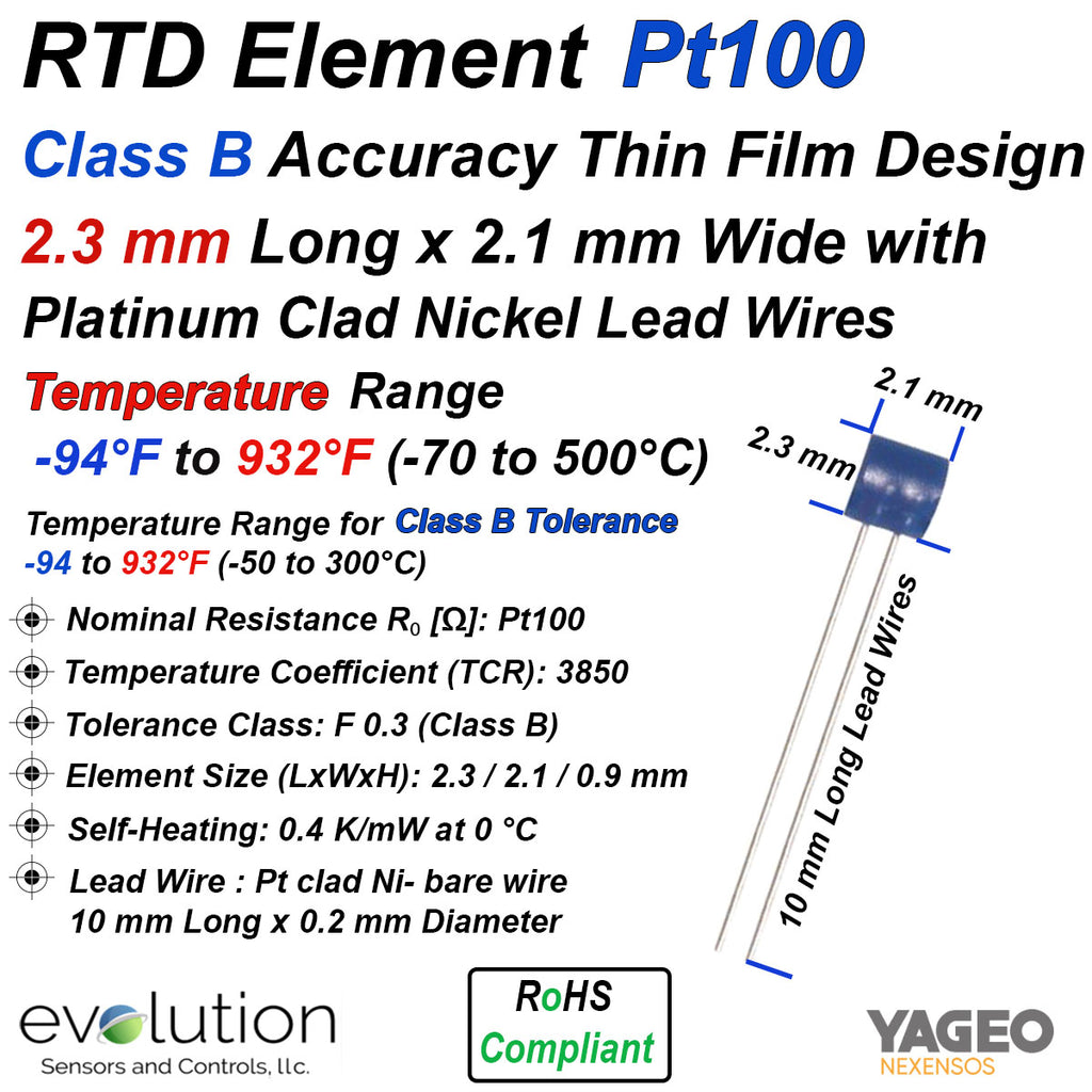RTD Thin Film Element Pt100 Class B Accuracy 2.1 mm x 2.3 mm size
