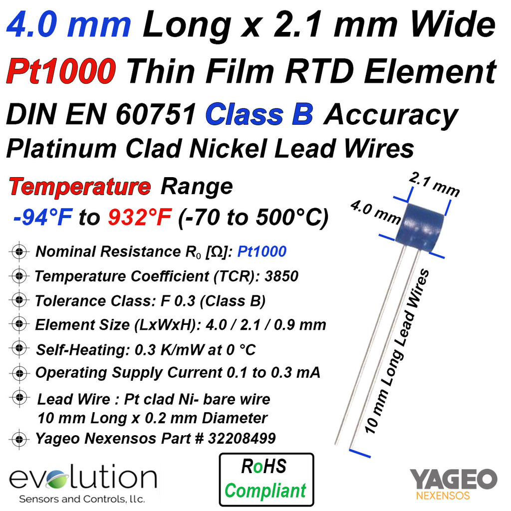 4.0 mm Long x 2.1 mm Wide Pt1000 RTD Element Class B Accuracy