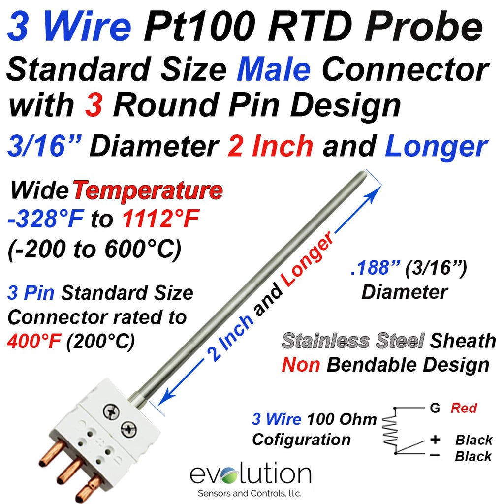 3 Wire Pt100 RTD Probe 3/16 Diameter with Standard Size 3 Round Pin Male Connector