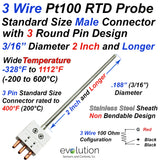 3 Wire Pt100 RTD Probe 3/16 Diameter with Standard Size 3 Round Pin Male Connector