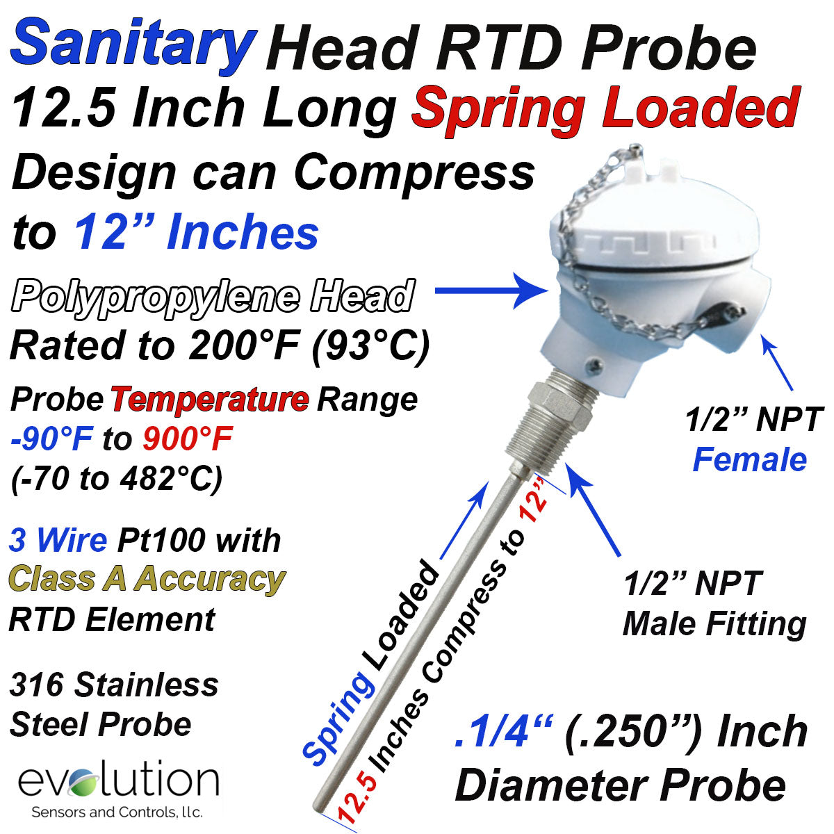 RTD Probe with 1/2 NPT Fitting and Sanitary Plastic Connection Head ...